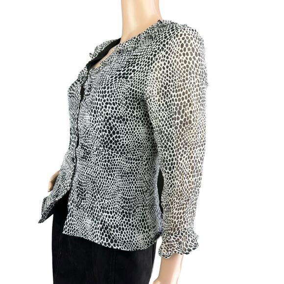 Ice Black White Silk Ruffled Sheer Long Sleeve Front Button Women Blouse S - Picture 3 of 5